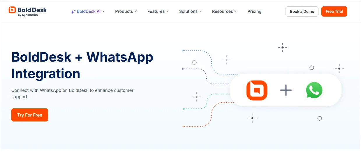 BoldDesk WhatsApp integration banner showing BoldDesk and WhatsApp icons connected to enhance customer support