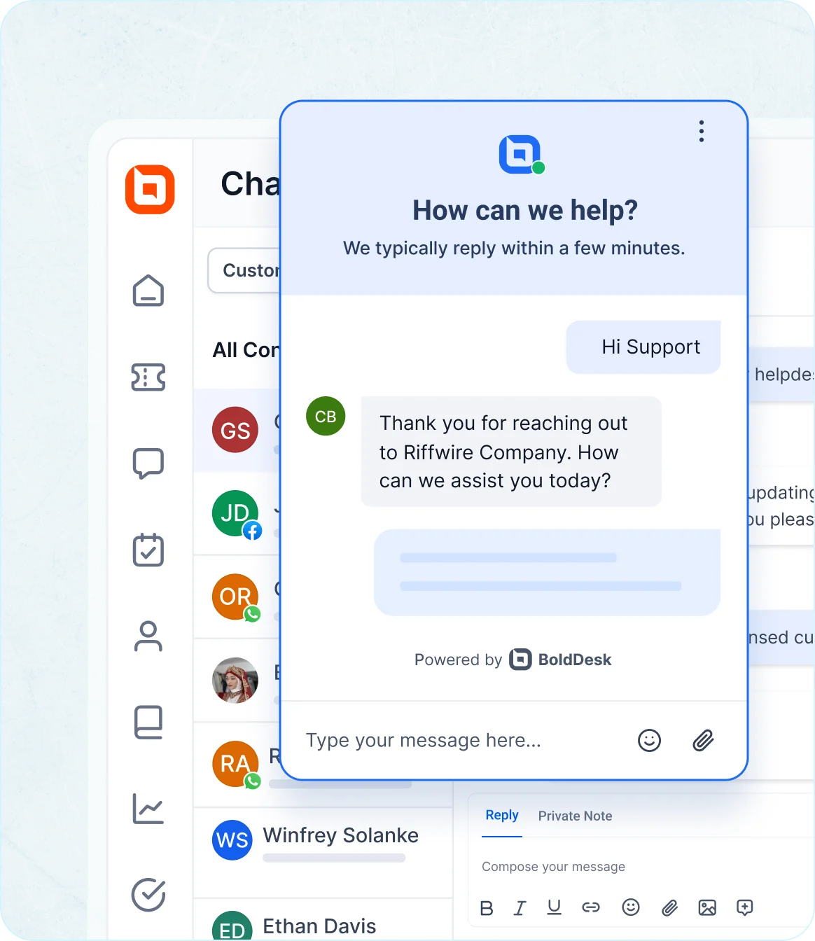 Website live chat widget popup allowing visitors to start real‑time chat and send messages directly from a website.