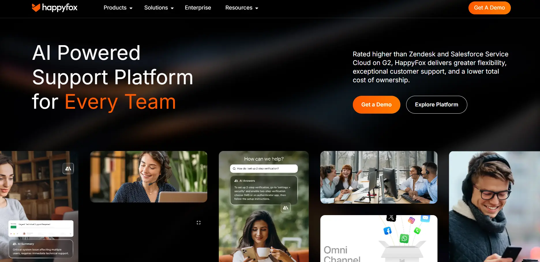 HappyFox automated ticketing platform showcasing AI-powered support, multistep automation, and omnichannel service.