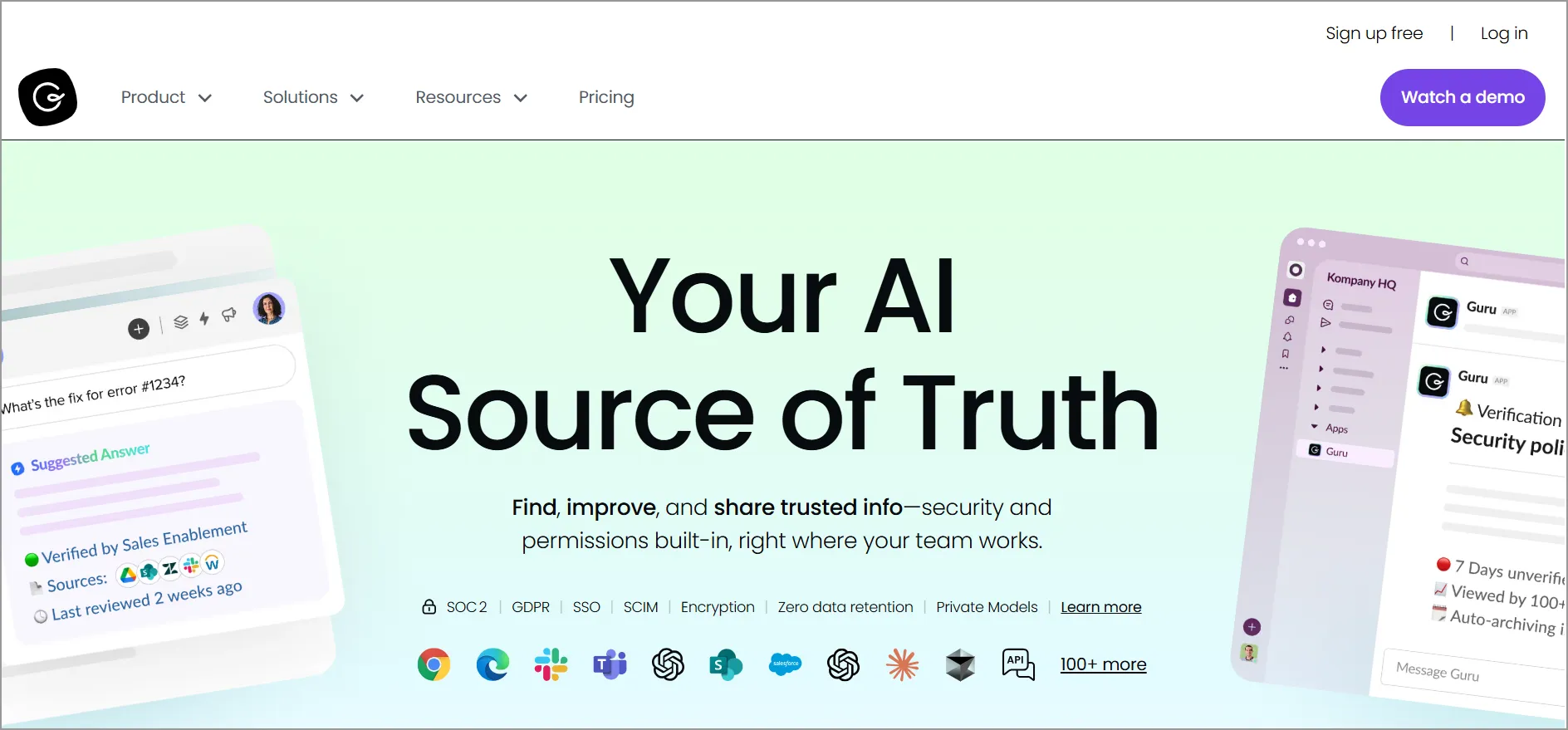 Guru homepage with tagline “Your AI Source of Truth,” highlighting secure knowledge sharing, permissions, and integrations.