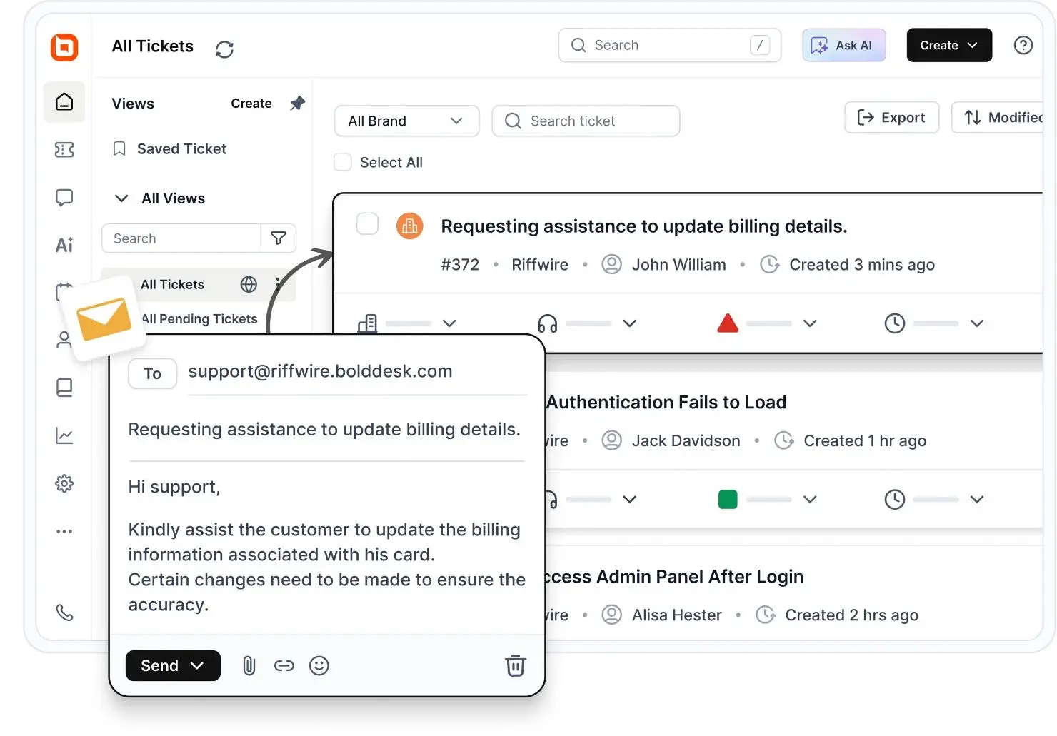 BoldDesk, a Hiver alternative help desk dashboard showing an email converted into a support ticket, with ticket details