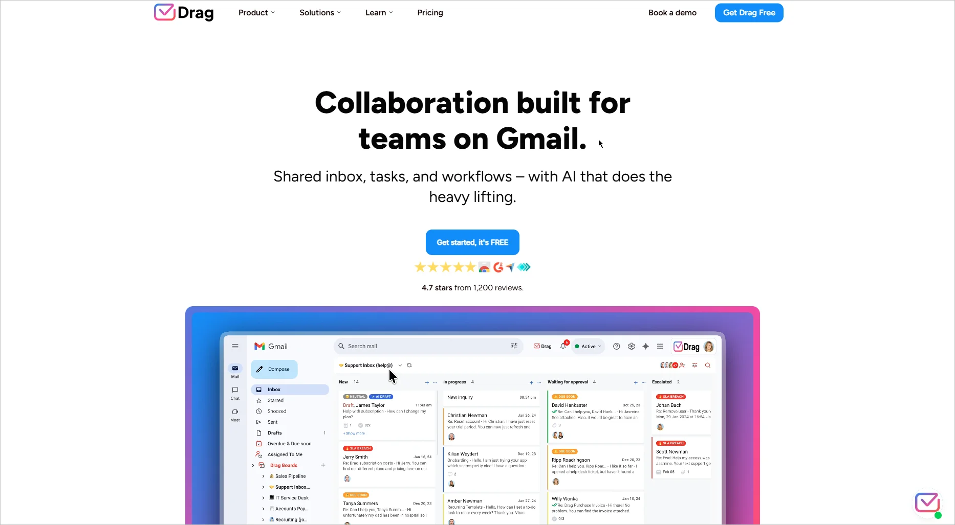 Image showing the Drag App user interface with the tag"collaboration built for teams on Gmail"