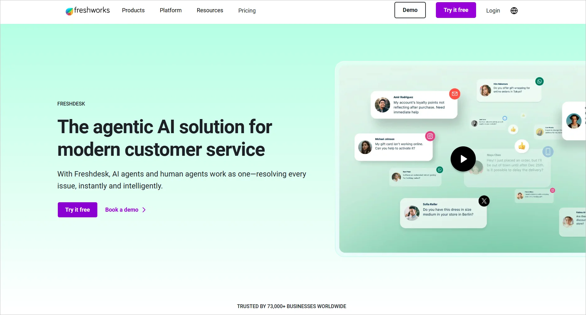 Image showing Freshdesk customer service software home page with hovering widgets and a tagline "The agentic AI solution for modern customer service"