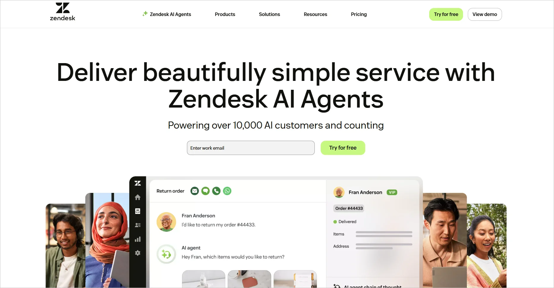 An illustration of Zendesk customer service software user interface at the centre with faces of people smiling appended to the sides.