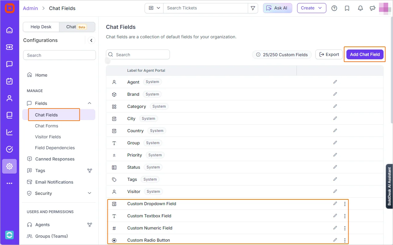 Live chat release: Chat fields