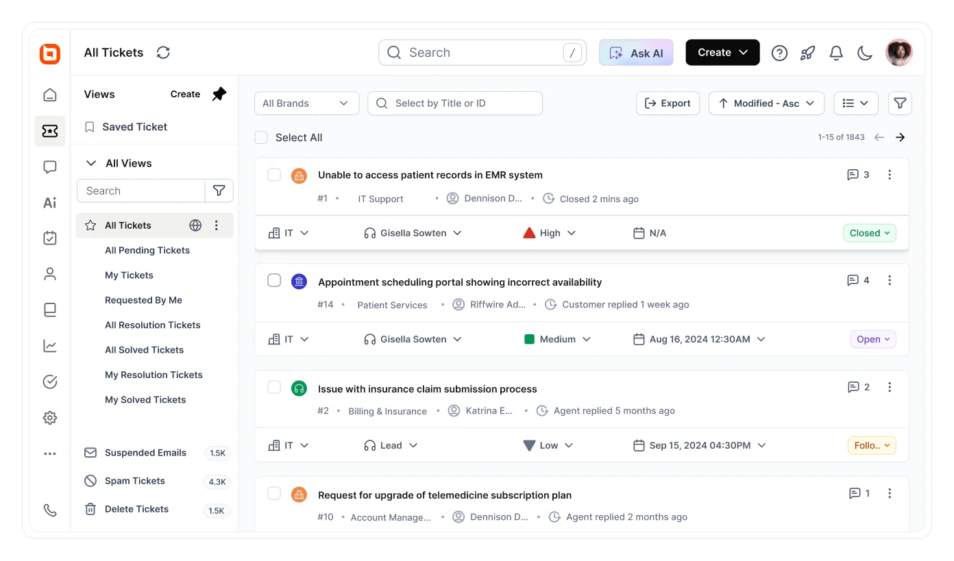 Ticket management dashboard displaying support requests, priorities, statuses, and assigned agents