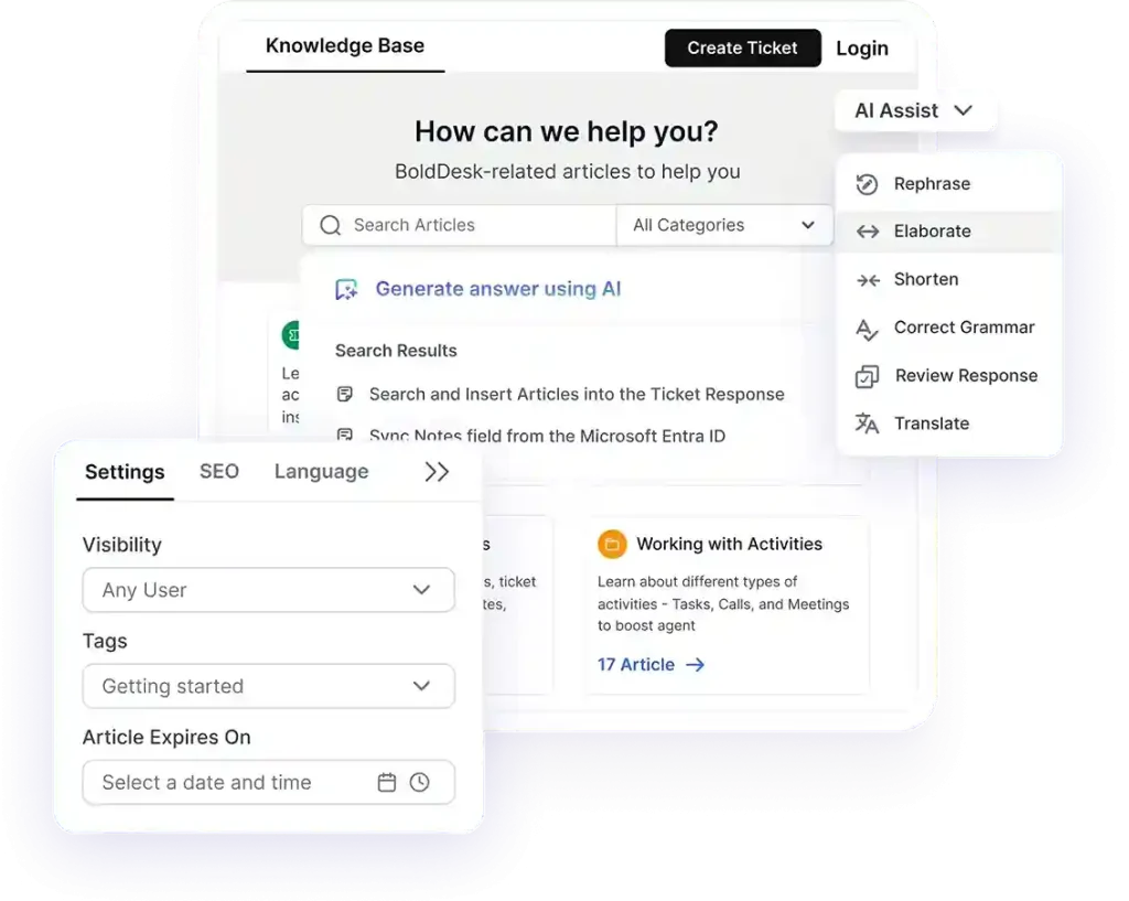 AI-powered knowledge base software with article search, content generation, and article management settings