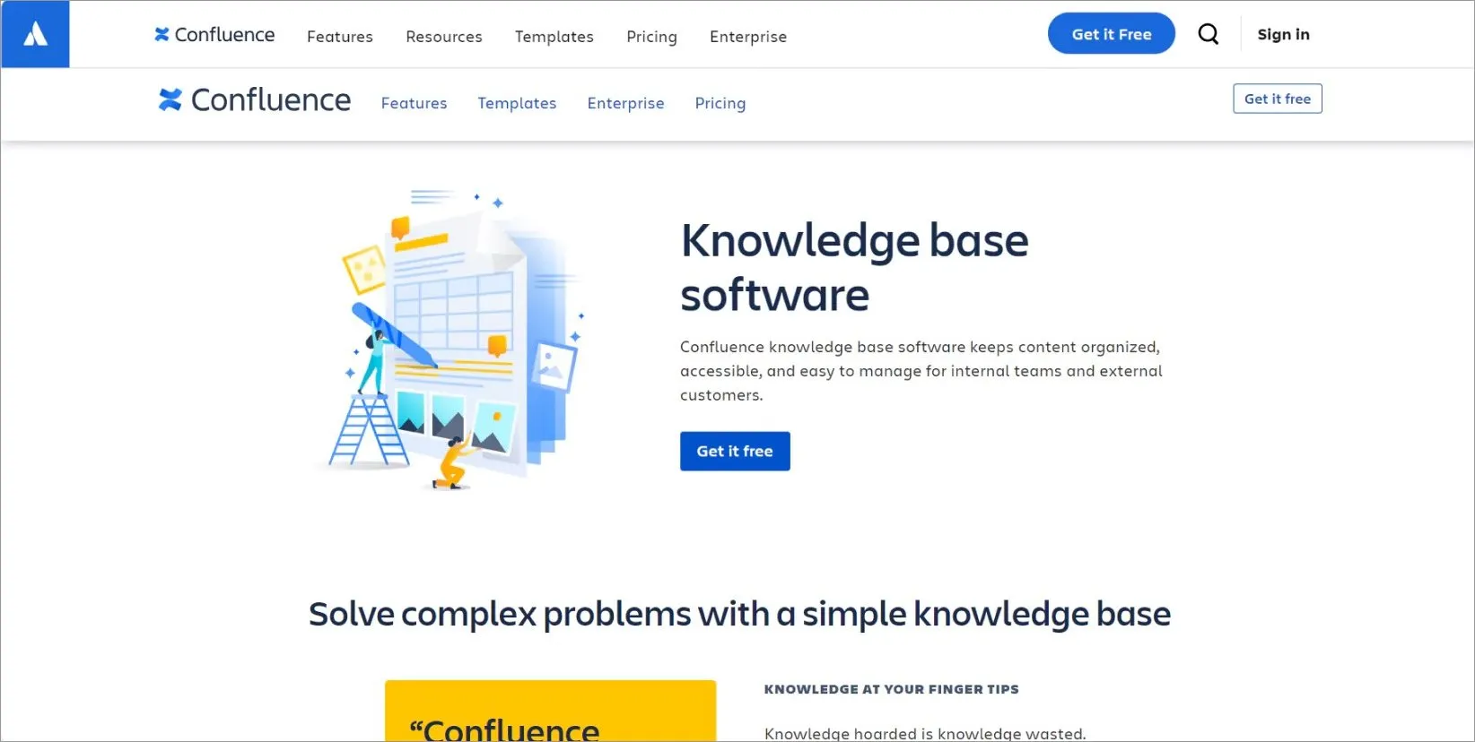 Confluence homepage showing “Knowledge base software” tagline with illustration of organized content.