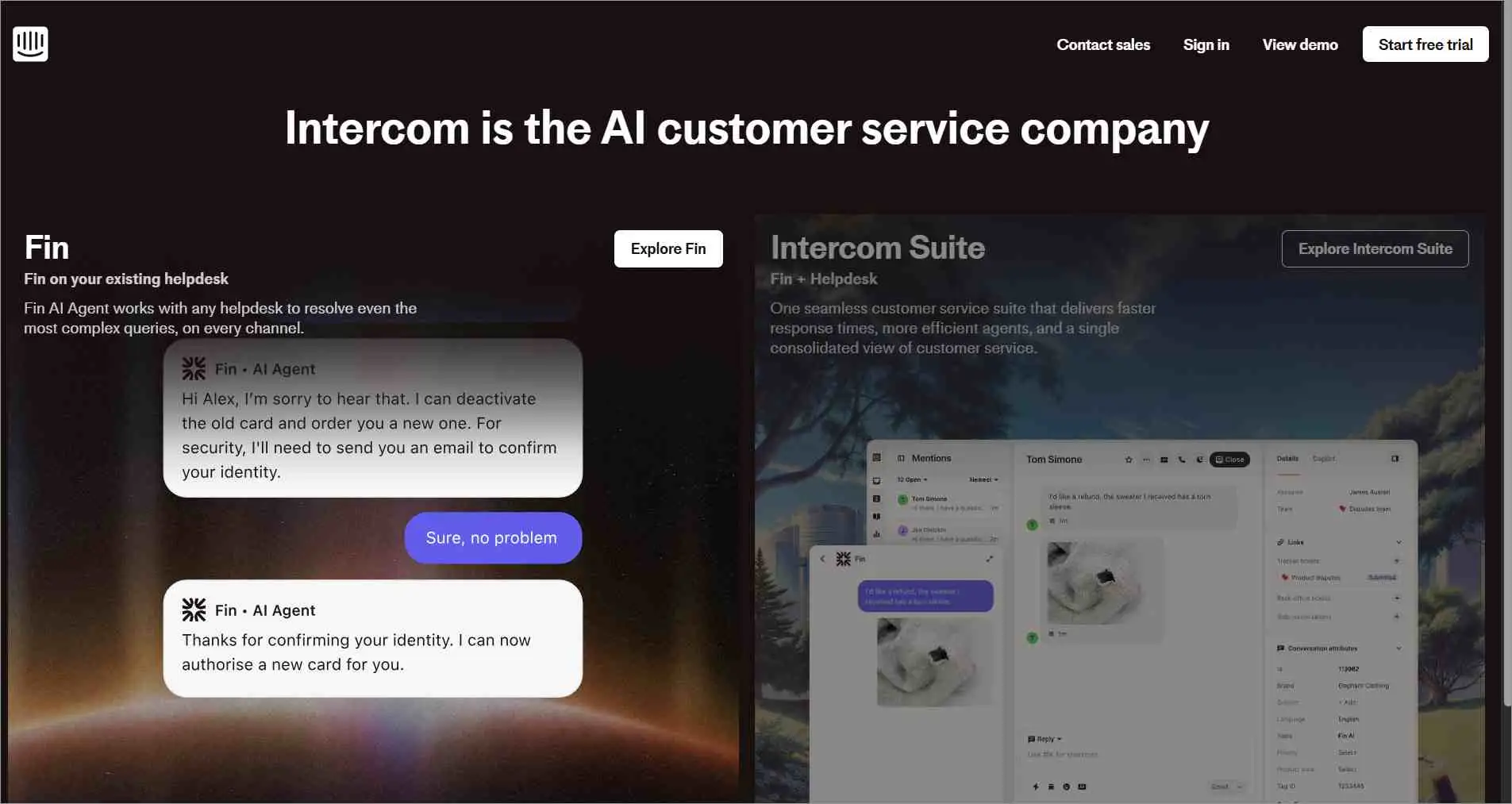 Intercom home page showing Fin AI agent chat widget and the Intercom suite user interface