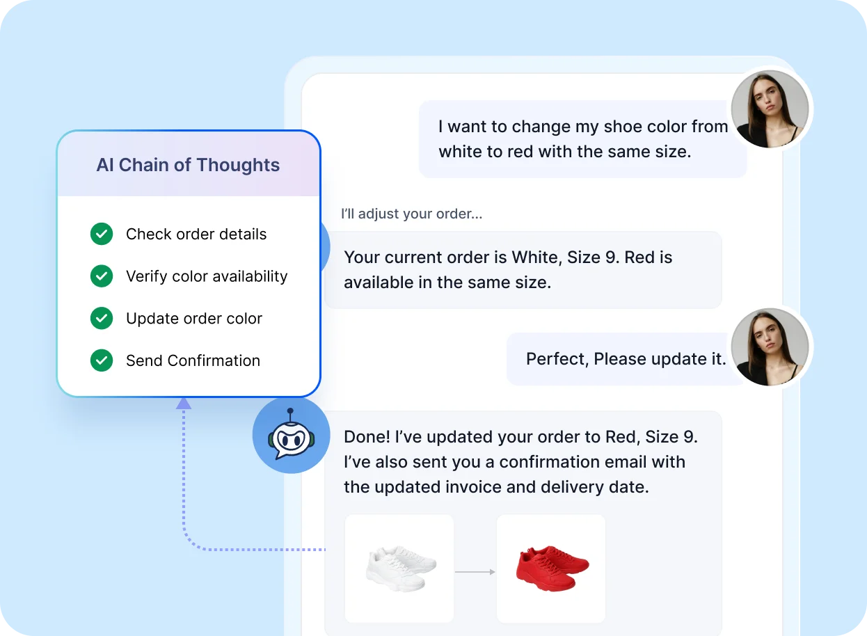 AI agent platform automates order change workflow with chat interaction updating shoe color and confirming user request.