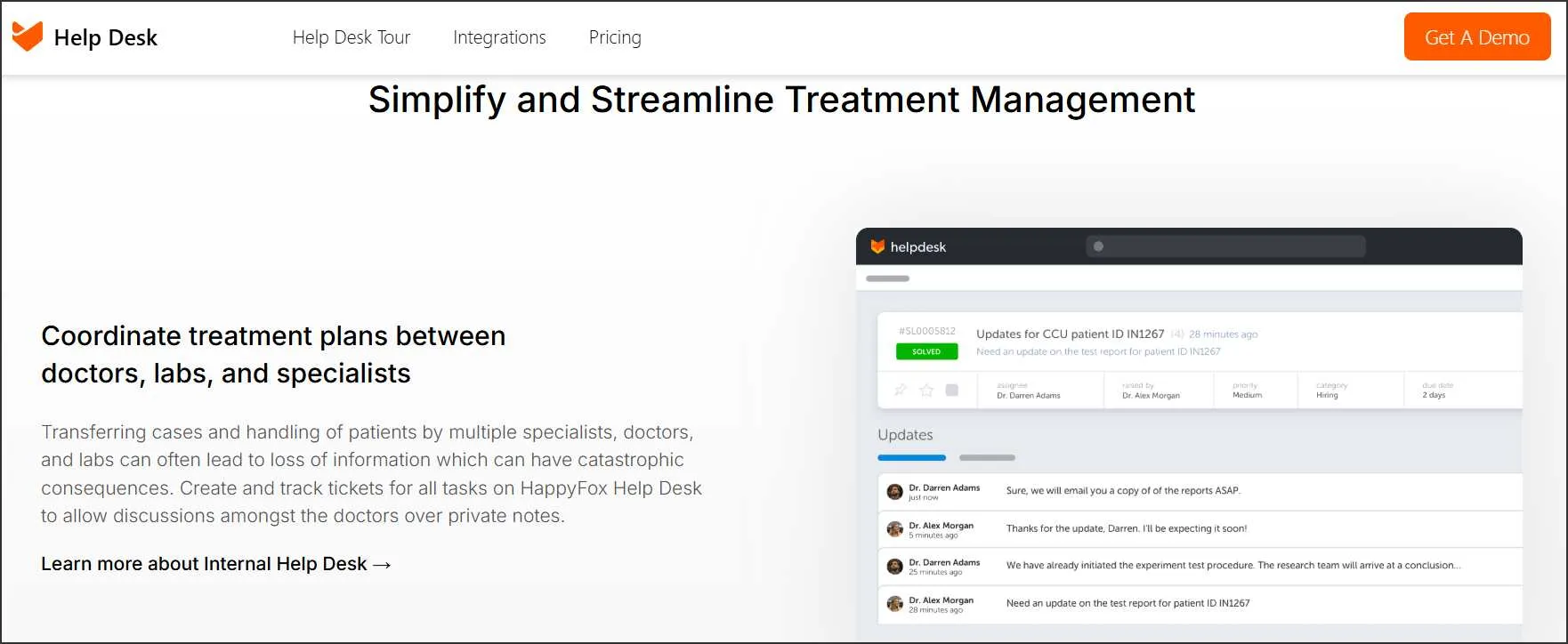 HappyFox healthcare help desk software interface showing secure treatment management and coordinated clinical support tickets