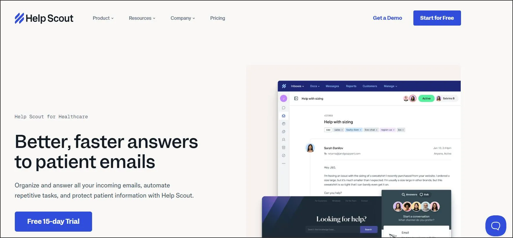 Help Scout healthcare help desk software interface for managing patient emails and HIPAA compliant customer support