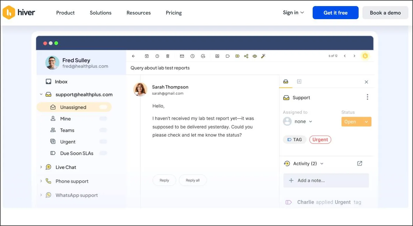 Hiver healthcare email-based help desk software managing patient support with HIPAA compliant workflows