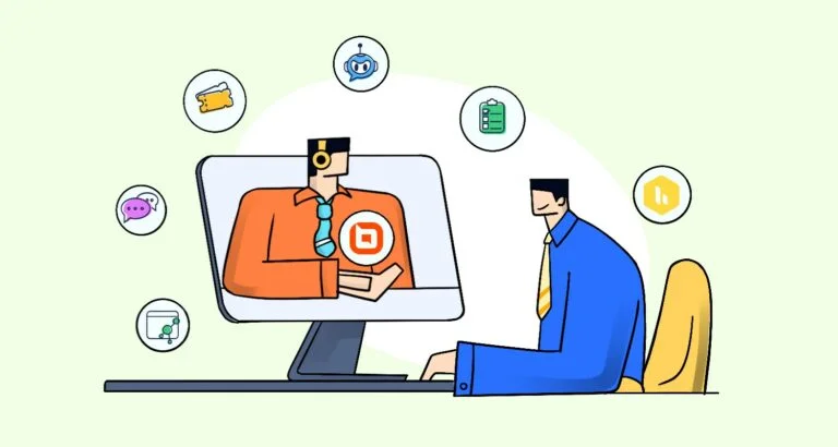 Hiver alternatives Illustration with an orange screen and a user on a light green background